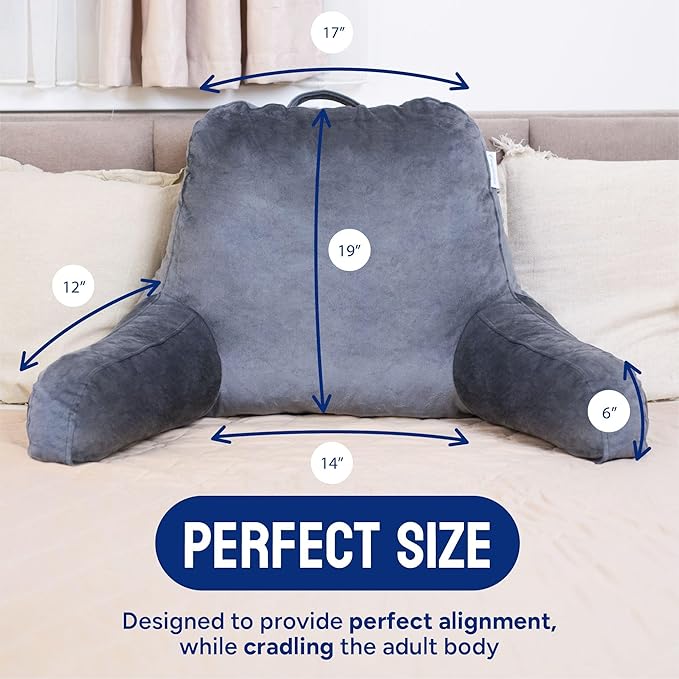 ComfortSpa Reading Pillow for Bed Adult Size, Back Rest Pillow with Arms, Pockets and Washable Cover; Use as a Back Pillow for Bed Sitting Up for Bedrest or Relief from GERD Heartburn (Large Grey)