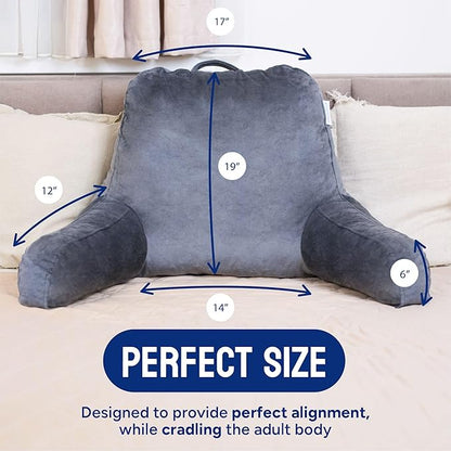 ComfortSpa Reading Pillow for Bed Adult Size, Back Rest Pillow with Arms, Pockets and Washable Cover; Use as a Back Pillow for Bed Sitting Up for Bedrest or Relief from GERD Heartburn (Large Grey)
