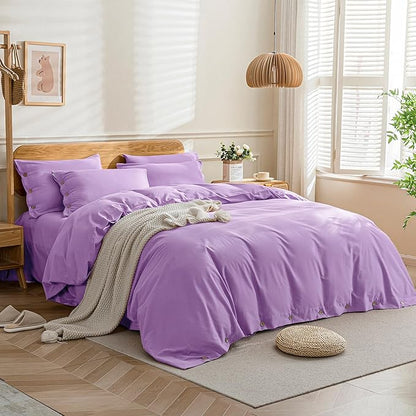 JELLYMONI Cotton Duvet Cover King Size - Light Purple Comforter Cover with Button 100% Washed Cotton 3PCS Breathable Soft Solid Bedding Set Duvet Cover 104×90in & 2 Pillowcases (NO Comforter)