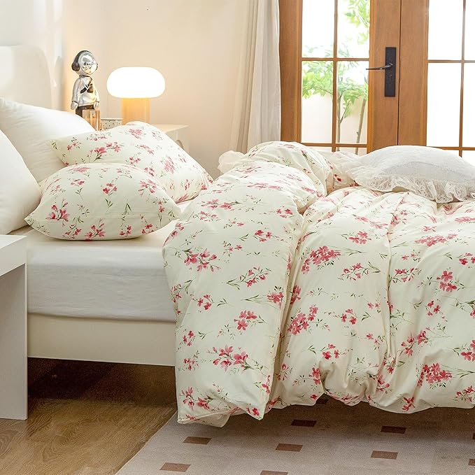 Jane yre Duvet Cover Floral King Brushed Microfiber 3 Pieces Bedding Sets, Garden Style Pattern Duvet Cover Flower, with Zipper Closure, Luxury Soft Breathable Comfy