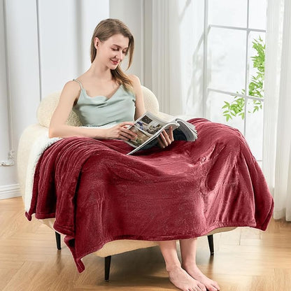 Electric Heated Blanket,Flannel & Sherpa Heated Throw Blanket 50"x60",Fast Heating Soft Fleece Blanket with 6 Heating Levels & 4H Auto Off-Wine red