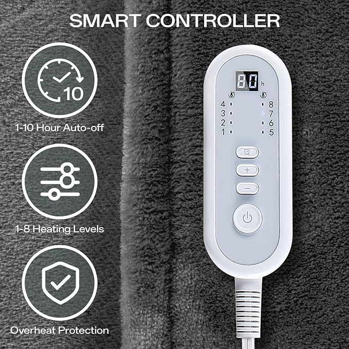 Heated Blanket Twin Size, Electric Blanket with 1-10 hrs Timer Auto-Off & 8 Heating Levels, Double-Layer Flannel Heating Blanket with ETL Certification, Machine Washable (62”x 84”, Dark Grey)