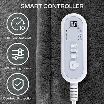 Heated Blanket Twin Size, Electric Blanket with 1-10 hrs Timer Auto-Off & 8 Heating Levels, Double-Layer Flannel Heating Blanket with ETL Certification, Machine Washable (62”x 84”, Dark Grey)