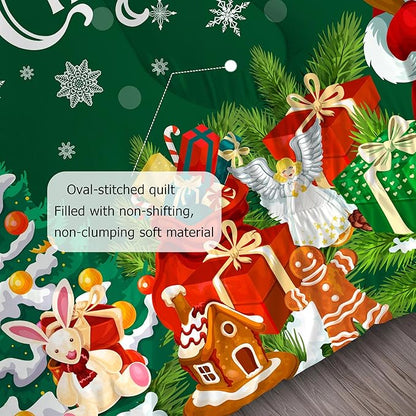 Green Christmas Comforter Set: Full Size Xmas Snowflakes Bedding Sets Cute Santa Claus Quilts Merry Christmas Tree 3 Piece Bed Set for Kids Teens Adults Bedroom Decor
