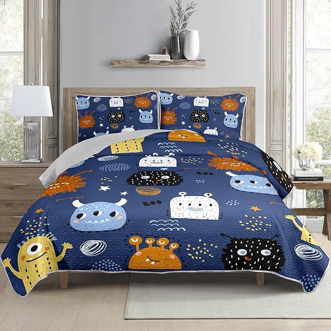 AILONEN Cartoon Monster Quilt Set King Size Hip Hop Bedspread Coverlet for Kids Boys,Funny Navy Blue Bedding with 2 Pillowcases,Bed Cover