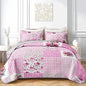 QOOMO Patchwork Quilt Set Full/Queen Size,Pink Floral Bedspread Coverlet Set,Boho 3Pcs Bedding Set Printed Quilt with 2 Pillowcases,Soft and Lightweight,for All Seasons