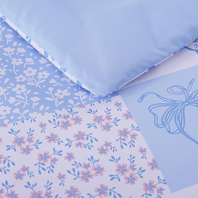 Full Size Comforter Set for Girls, Cute Blue Bow Bedding 7 Pieces Kids Bed Set, All Season Bed in a Bag with Sheets, Pillowcases & Shams