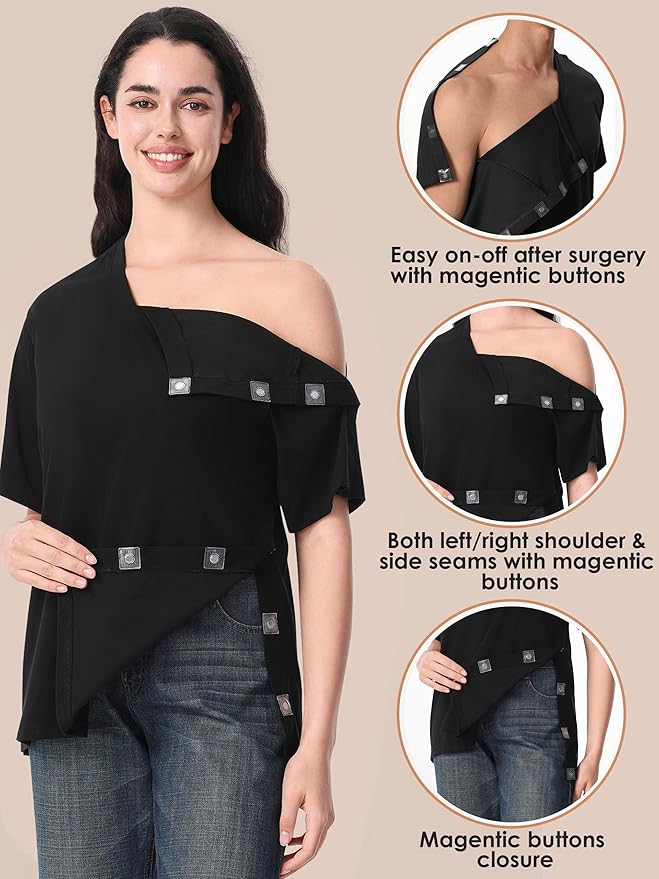 Magnetic Buttons Post Shoulder Surgery Recovery Shirt for Men V-Neck Tear Away Adaptive Chemo Port Clothing for Women