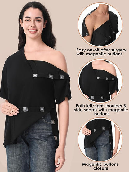 Magnetic Buttons Post Shoulder Surgery Recovery Shirt for Men V-Neck Tear Away Adaptive Chemo Port Clothing for Women