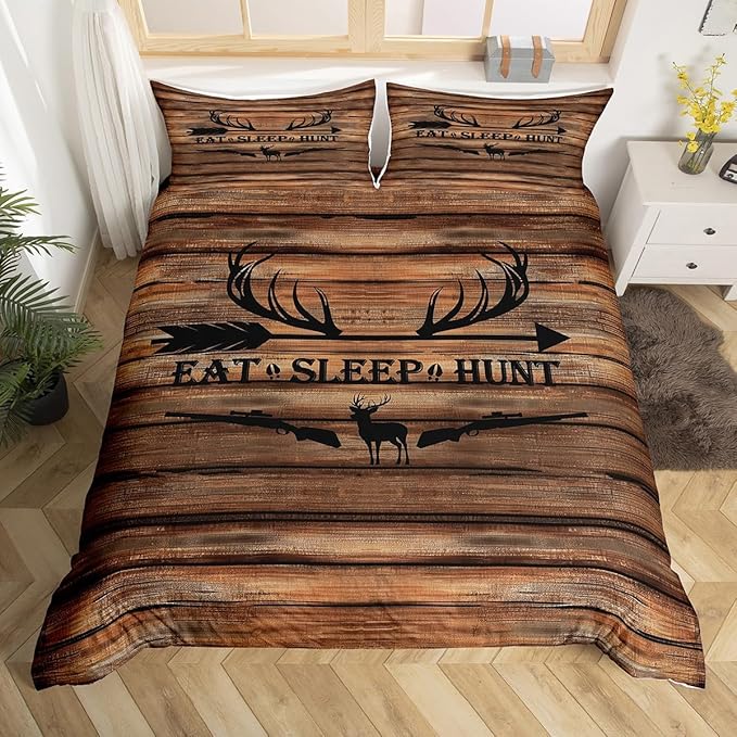Castle Fairy Hunting Deer Duvet Cover Set Twin Size,Deer Antler and Arrow Print Comforter Cover for Kids Boys Bedroom Gift,Retro Brown Rustic Farm Board Bedding Set with 1 Pillowcase Bedspread