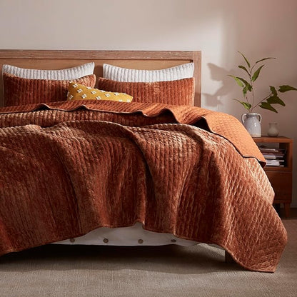 LEAONME Velvet Quilt Set Full/Queen Size 90''x98'', Lightweight Burnt Orange Velvet Comforter Set with 2 Matching Shams, Soft Cross Stitch Bedspread Coverlet Bedding Set for All Season