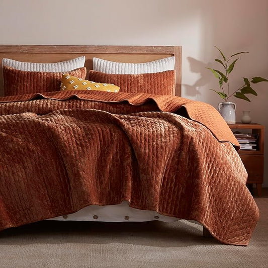 LEAONME Velvet Quilt King Size 98''x106'', Lightweight Burnt Orange Velvet Comforter Set with 2 Matching Shams, Soft Cross Stitch Bedspread Coverlet Bedding Set for All Season