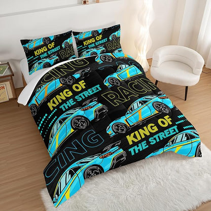 Car Bed for Boys Queen Comforter Set,Kids Racing Car Comforter Extreme Sports Bedding Set for Teens Boys Race Car Room Decor,Cool Blue Themed Children's Bedding with 2 Pillowcases.
