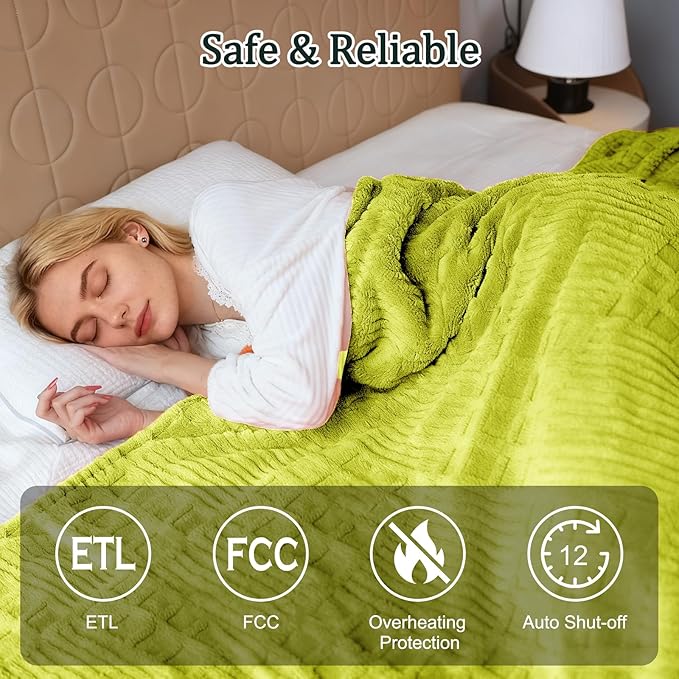Heated Blanket Queen Size, 84"x90" Electric Heating Waffle, Machine Washable Blanket, 12 Heat Levels & 12 Hours Auto Off, Soft Warm Flannel Blanket, Overheat Protection with ETL & FCC (Tender Green)