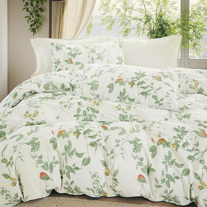 Floral Duvet Cover Queen Size 100% Cotton Reversible Green Floral Duvet Cover Set with Zipper Closure 3 Pcs Green Leaf Soft & Breathable Bedding Comforter Cover