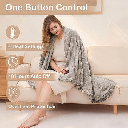 Electric Heated Blanket Throw Size 50" x 60", Super Cozy Warmth Soft with 4 Heating Levels & 10 Hours Auto Off, Plush Faux Fur, Machine Washable, Home Office Use,Light Brown