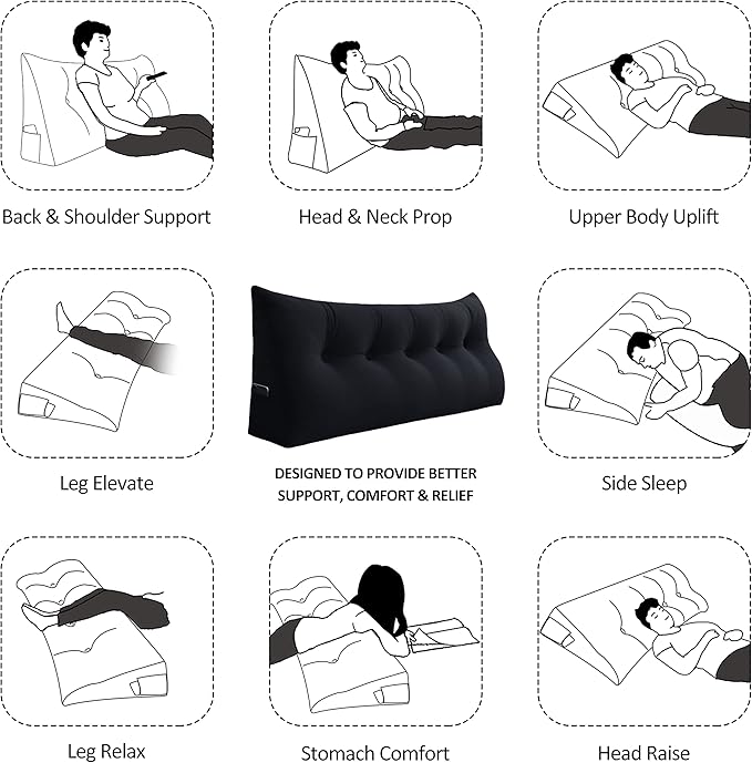 Johnear Wedge Headboard Large Bolster Pillow Reading Pillows for Sitting in Bed Adult， Velvet Triangular Cushion Backrest Lumbar Back Support Upholstered Daybed Sit Up Book Pillows（Black, Twin）