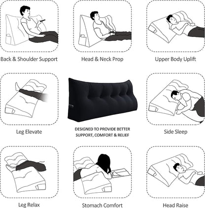 Wedge Headboard Large Bolster Pillow Reading Pillows for Sitting in Bed Adult， Velvet Triangular Cushion Backrest Lumbar Back Support Upholstered Daybed Sit Up Book Pillows（Black, Queen）