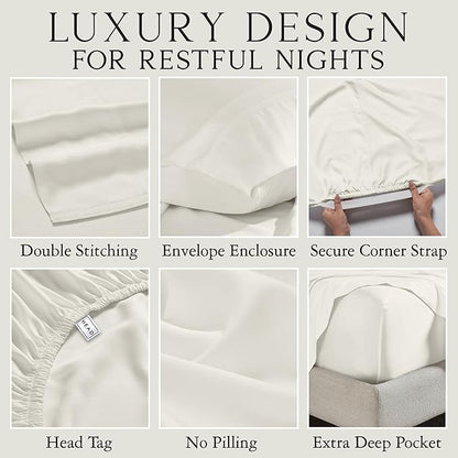 KARISSA MAE Cooling Bamboo Viscose Cal King Sheet Set | 100% Organically Grown | 18” Deep Pocket | Silky, Soft, & Hypoallergenic | with Organizer Band & Elastic Corner Straps [Ivory]