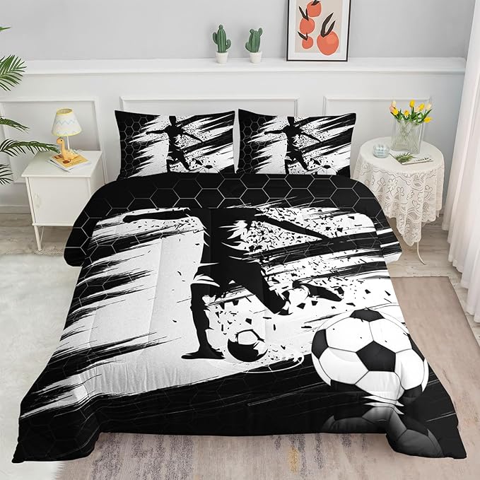 Soccer Comforter Set Sport Themed Black White Printed Bedding Set with 1 Comforter and 2 Pillowcases for Boys and Girls Bedroom All Season(Soccer-3 Full)