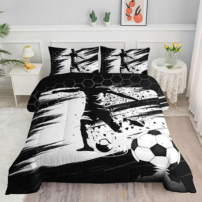 Soccer Comforter Set Sport Themed Black White Printed Bedding Set with 1 Comforter and 2 Pillowcases for Boys and Girls Bedroom All Season(Soccer-3 Full)