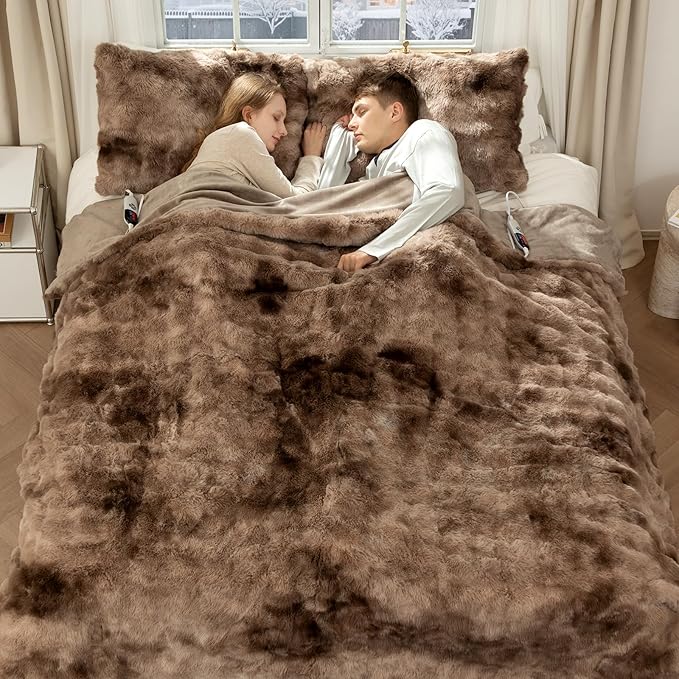 Faux Fur Queen Size Heated Blanket 84"X90" - Bubble Faux Fur Electric Blanket Fluffy Soft Fuzzy with 6 Heating Levels & 10 hrs Timer Settings, Washable & ETL Certified for Bed, Tie-Dye Brown
