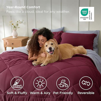 Bedsure Twin Comforter Set - 5 Pieces Reversible Burgundy Bedding, Twin Size Bed Set for All Seasons, Bed in a Bag with Down Alternative Comforter, Sheets, Pillowcase & Sham