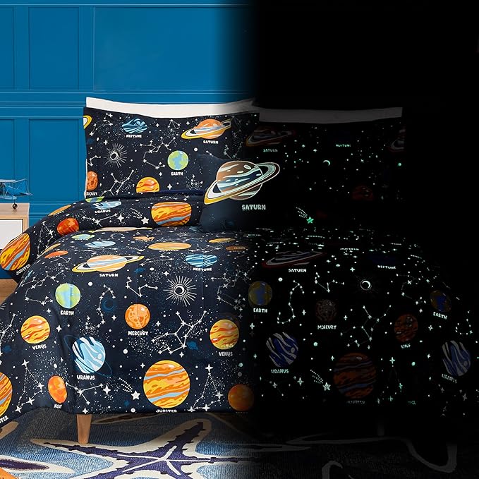 Full Size Comforter Set for Boys-4 Pieces Space Glow in The Dark Full Bedding Sets for Kids, 1 Comforter, 2 Shams and 1 Decor Pillow