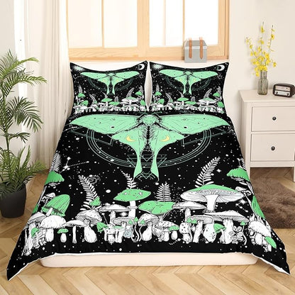 Castle Fairy Moth Duvet Cover Set King Size, Green Mushroom Comforter Cover with 2 Pillowcases Bedspread,Stars Moon Constellation Microfiber Quilt Cover for Adult Women,3pcs