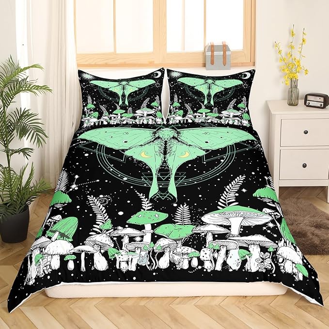 Moth Comforter Cover, Green Mushroom Duvet Cover for Girls Teens Decorative Bedroom,Stars Moon Constellation Polyester Quilt Cover with 2 Pillowcases, Full Size