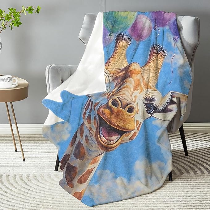Fun Giraffe Blanket,Decorative Throw with Animal,Colorful Balloon and Blue Sky,Lightweight Flannel Blankets for Bedroom Office,Living Room,Ideal Gifts for Kids Wildlife Lovers 50"x60"