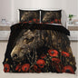 Horse Duvet Cover Twin Vintage Rural Horse Bedding Set 2 Piece for Kids Decor Red Poppy Flowers Comforter Cover and 1 Pillow Sham with Zipper Closure