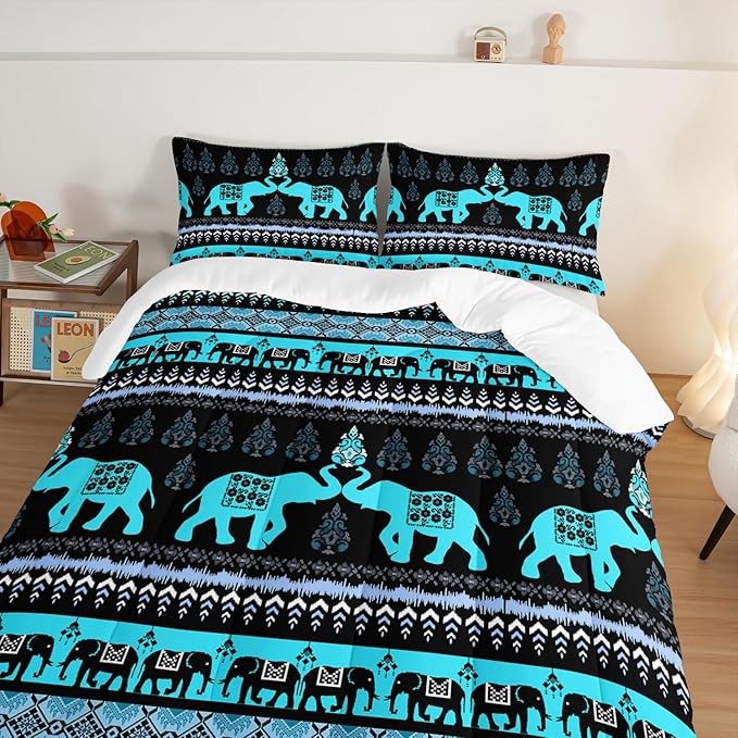 Western Comforter Set King Size Elephant Print Bedding for Kids,Blue Series Animal Themed Bedding Set for Boys Girls Room Decor,Boho Bedding Comforter Sets with 2 Pillowcases.