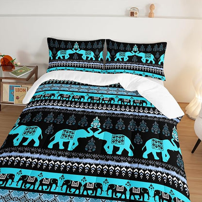 Western Comforter Set Full Size Elephant Print Bedding for Kids,Blue Series Animal Themed Bedding Set for Boys Girls Room Decor,Boho Bedding Comforter Sets with 2 Pillowcases.