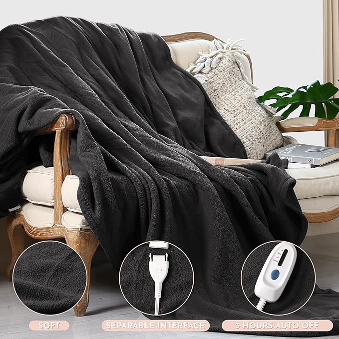 Electric Heated Blanket Queen Size 84"x90" Microplush Cover Blanket 4 Heat Settings & 10 Hours Auto Off, Cozy & Breathable, Warm All Night, Iron Grey