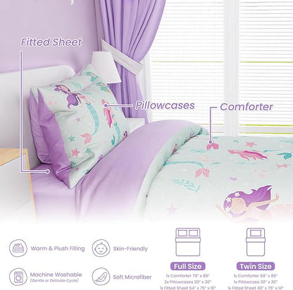 SANDJEST Mermaid Comforter Set Twin Size 68x86in for Kids Girls, Microfiber 3 Pcs Bedding Set Includes 1 Comforter, 1 Pillowcase, 1 Fitted Sheet, Nursery Room Decor