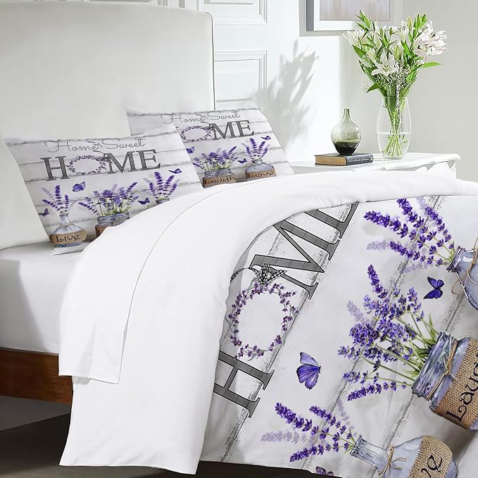 Lavender Theme 3 Pieces Duvet Cover Comforter Set with 2 Pillowcase Full Size Purple Flower Bed Sheet Quilt Bedroom Bedding for Lover Kids