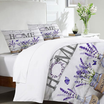 Lavender Theme 3 Pieces Duvet Cover Comforter Set with 2 Pillowcase Queen Size Purple Flower Bed Sheet Quilt Bedroom Bedding for Lover Kids
