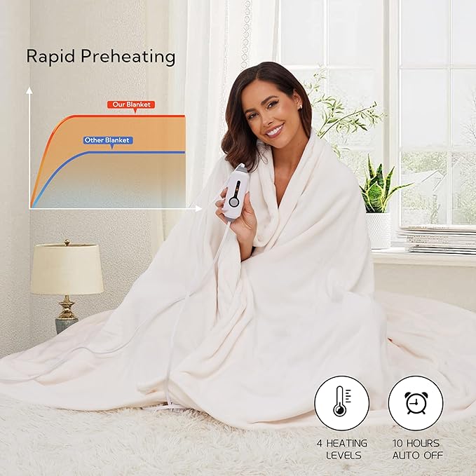 Electric Heated Blanket 72"x84" Full Size, Soft Coral Fleece with 4 Heating Levels and 10 Hours Auto-Off, Machine Washable, Cozy Plush Fabric for Home, White