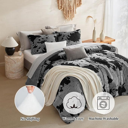 Petrichor Velvet Flannel King Comforter Set-Cow Print Western Style Blanket,Luxury Fuzzy Heavy Bedding Set, 3 Pieces Plush Winter Bed Set with Comforter (90"x104") & 2 Pillow Shams (20"x36"