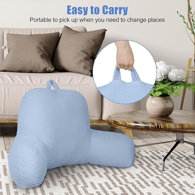 Reading Pillow, Silk Back Support Pillow for Bed Sitting Up, Large Bed Rest Pillow with Arms for Adults,Back Support Pillow for Couch and Chair, Blue