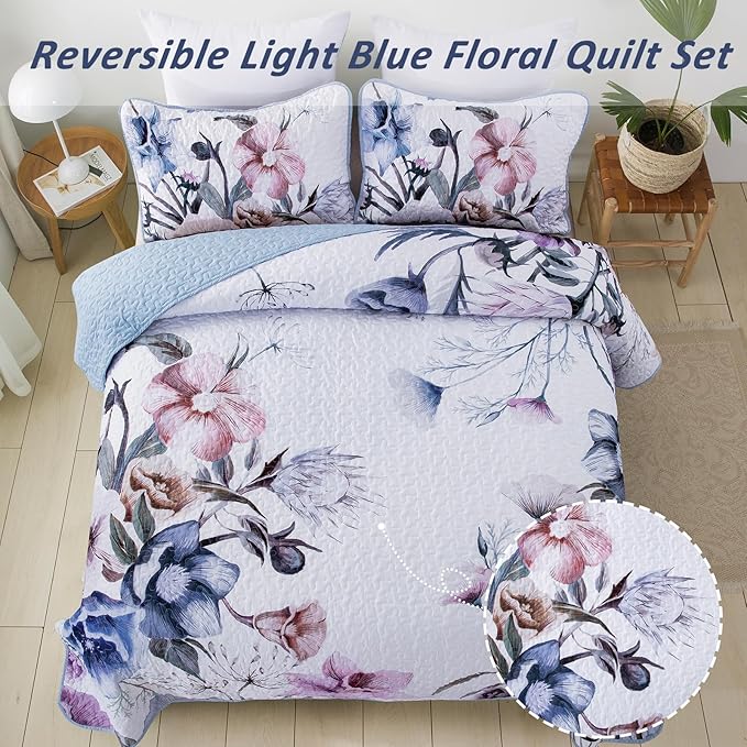 Floral Quilt Set Queen 3 Pieces Light Blue Floral Quilt Coverlet Set Soft Microfiber Lightweight Light Blue Quilted Bedspread for All Season 90"x96"