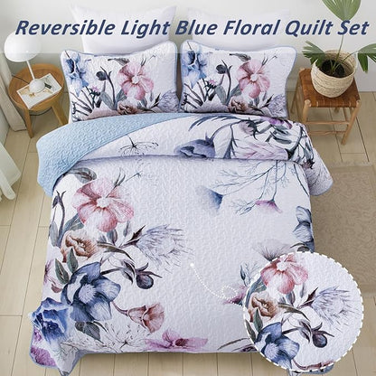 Floral Quilt Set Queen 3 Pieces Light Blue Floral Quilt Coverlet Set Soft Microfiber Lightweight Light Blue Quilted Bedspread for All Season 90"x96"