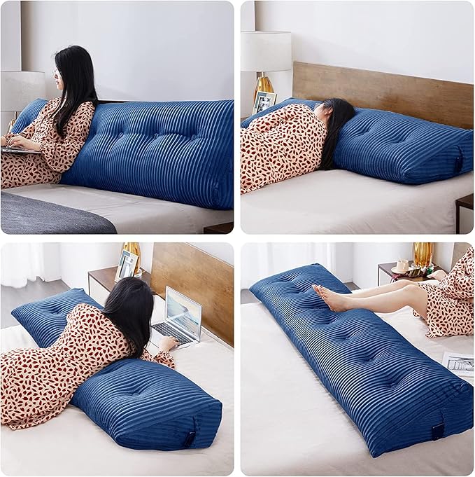 SLIGUY Large Headboard Pillow, Headboard Wedge Pillow Bed Rest Reading Pillow Bolster Triangular for Sitting in Bed-Backrest Positioning Support Long Pillow for Daybed (Twin: 40x8x20 Inches,Blue)