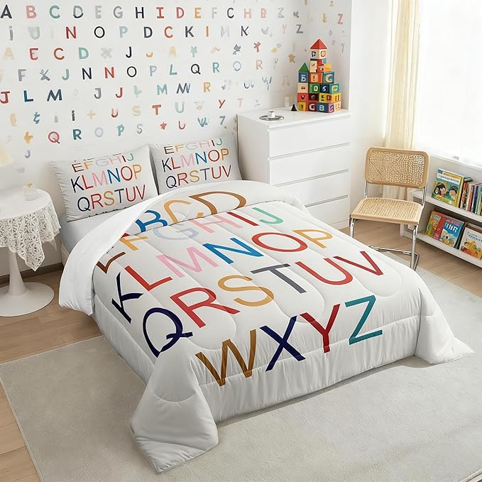 Teens 3D Alphabet Comforter Set Queen Size,Colorful Alphabet Bedding Set for Kids Boys Girls Bedroom Decoration,English Bed Duvet Insert,Learning Alphabets Comforter with 2 Pillowcases