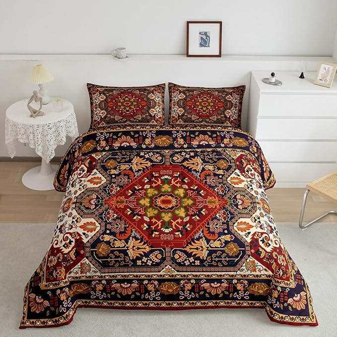 Boho Floral Comforter Set King Size,Vintage Geometric Flowers Pattern Bedding Set 3pcs for Adult Woman Room Decor,Aztec Tribal Colorful Quilt Set Exotic Retro Duvet Insert,2 Pillowcases,Brown