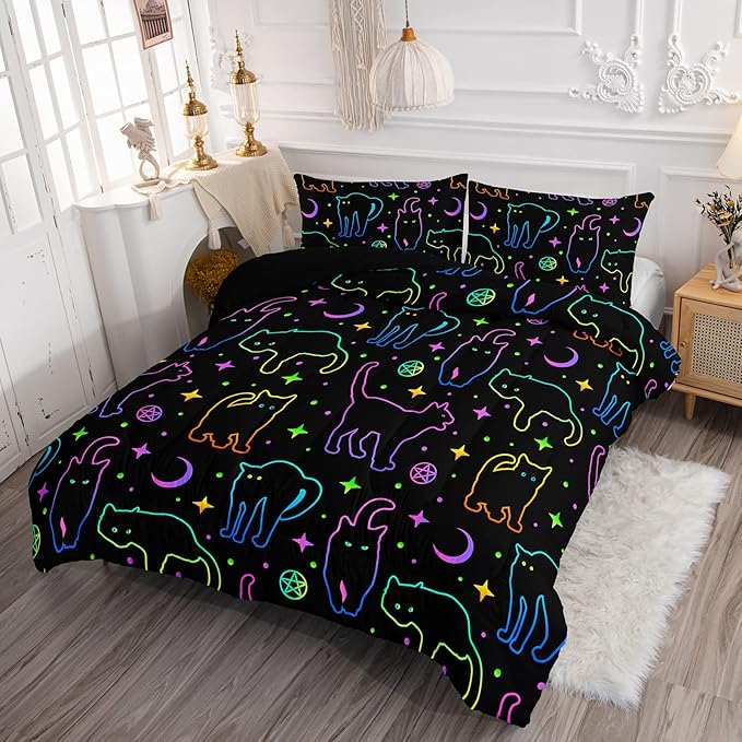 Black Cat Bedding Cartoon Cat Comforter Set Full,Moon Stars Printed Kids Bedding Set for Boys Girls Adults Room Decor,Kids Comforter Set All Season,1 Quilt 2 Pillow Cases,Neon Color Blue Green
