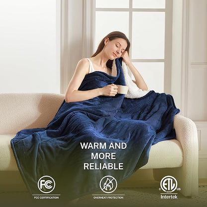 Heat Blanket 72”x84” Full Size,Soft Flannel & Sherpa Reversible Electric Blanket with 10 Heat Settings,12 Timer Setting and 8 Hours Auto-Shut Off,ETL Certified Machine Washable,Dark Blue