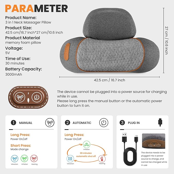3-in-1 Rechargeable Neck Massager Pillow - Pillow Massage Neck Hump for Shoulder Pain, Deep Tissue Pain Relief, with Heating and Traction Function, Hump Corrector for Women
