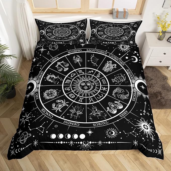 Sun Moon Duvet Cover Set Full Size,Starry Galaxy 12 Constellations Bedding Set 3Pcs for Kids Boys Girls Adult Room Decor,Black White Exotic Comforter Cover Gothic Boho Quilt Cover,2 Pillowcases